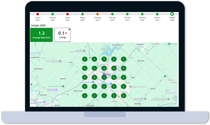 Laptop screen displaying a map with a grid of green markers, data indicators, and an average rating.