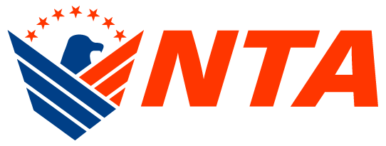 A red white and blue logo for nta