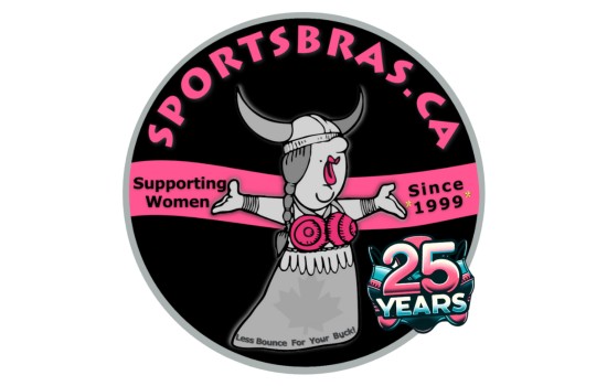 Logo for SportsBras.ca: a cartoon Viking woman wearing a pink sports bra, 25 years since 1999.