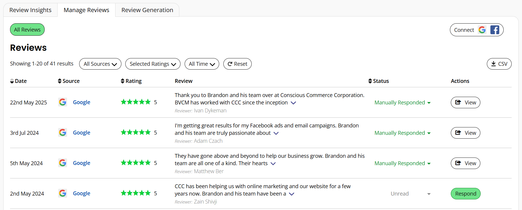 A screenshot of the customer reviews page on google