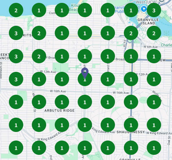 A map of a city with green circles on it showing ranking position.