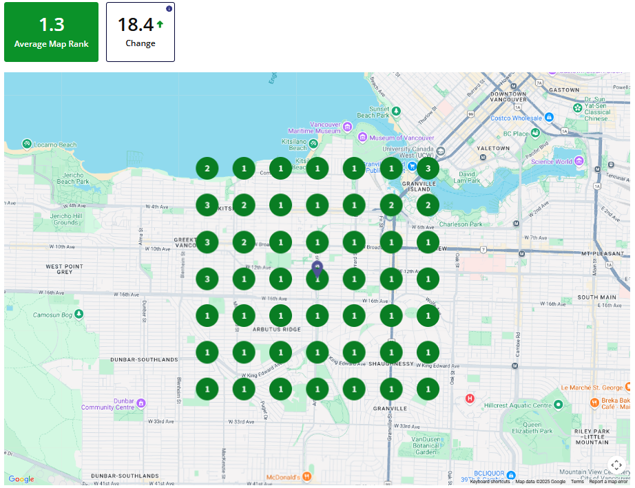 A map of a city with green circles on it showing ranking position.