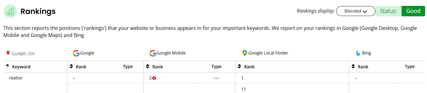 A table showing the positions of ranking for important keywords from the local search audit