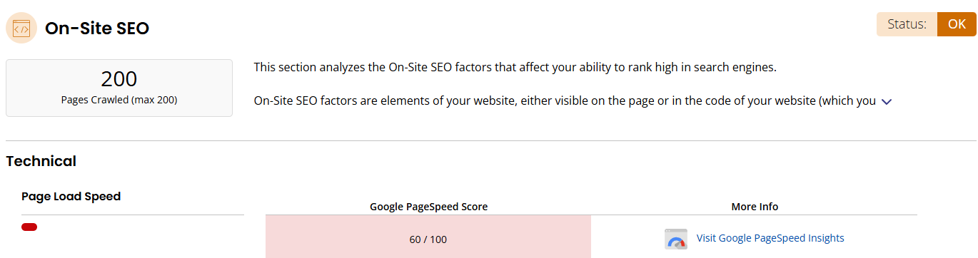 An image of the on-site SEO portion of a local search audit from MAP Local