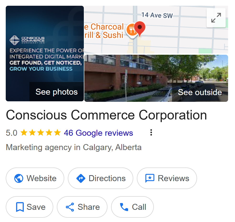 Conscious Commerce Corporation's Google Maps listing. Shows address, photos, website, and directions options.