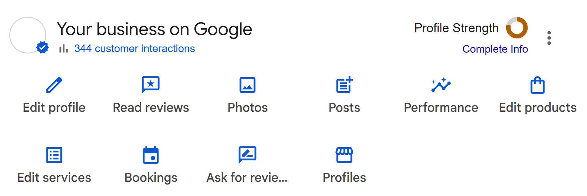 Google Business Profile dashboard with icons for edit profile, reviews, photos, posts, performance, and products