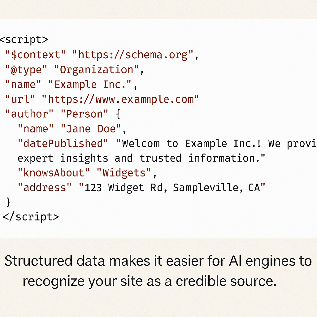 Code snippet with structured data for an organization, used to help AI engines recognize credibility.