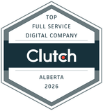Clutch badge: Top full service digital company, Alberta 2026, in gray, teal, and white hexagon