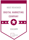Award badge for most reviewed digital marketing company in Calgary, magenta and white design