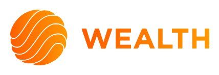 A logo for wealth with an orange ball on a white background