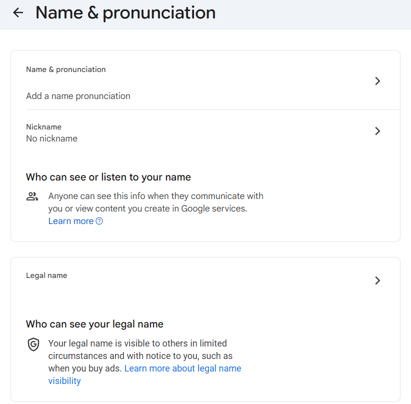 Google settings for name and pronunciation. Options to add pronunciation, nickname, and legal name