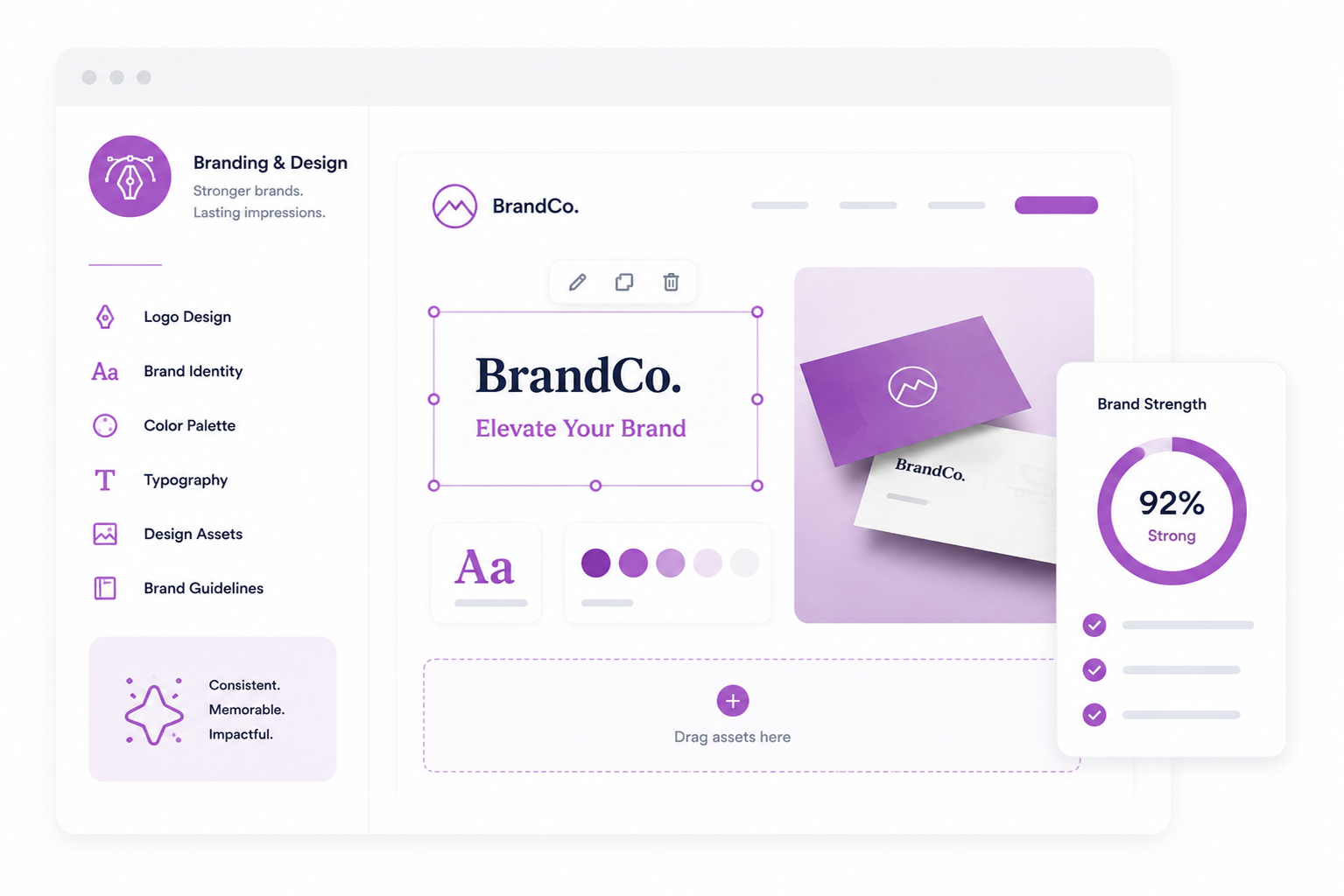 Purple brand dashboard and logo mockup on a clean white UI layout