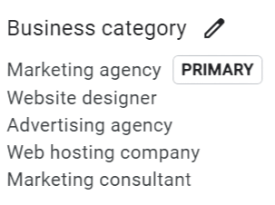 Business categories listed: Marketing agency (Primary), Website designer, Advertising agency, Web hosting company, Marketing consultant.