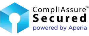 Logo for CompliAssure Secured, featuring a blue cube with a keyhole design, with text