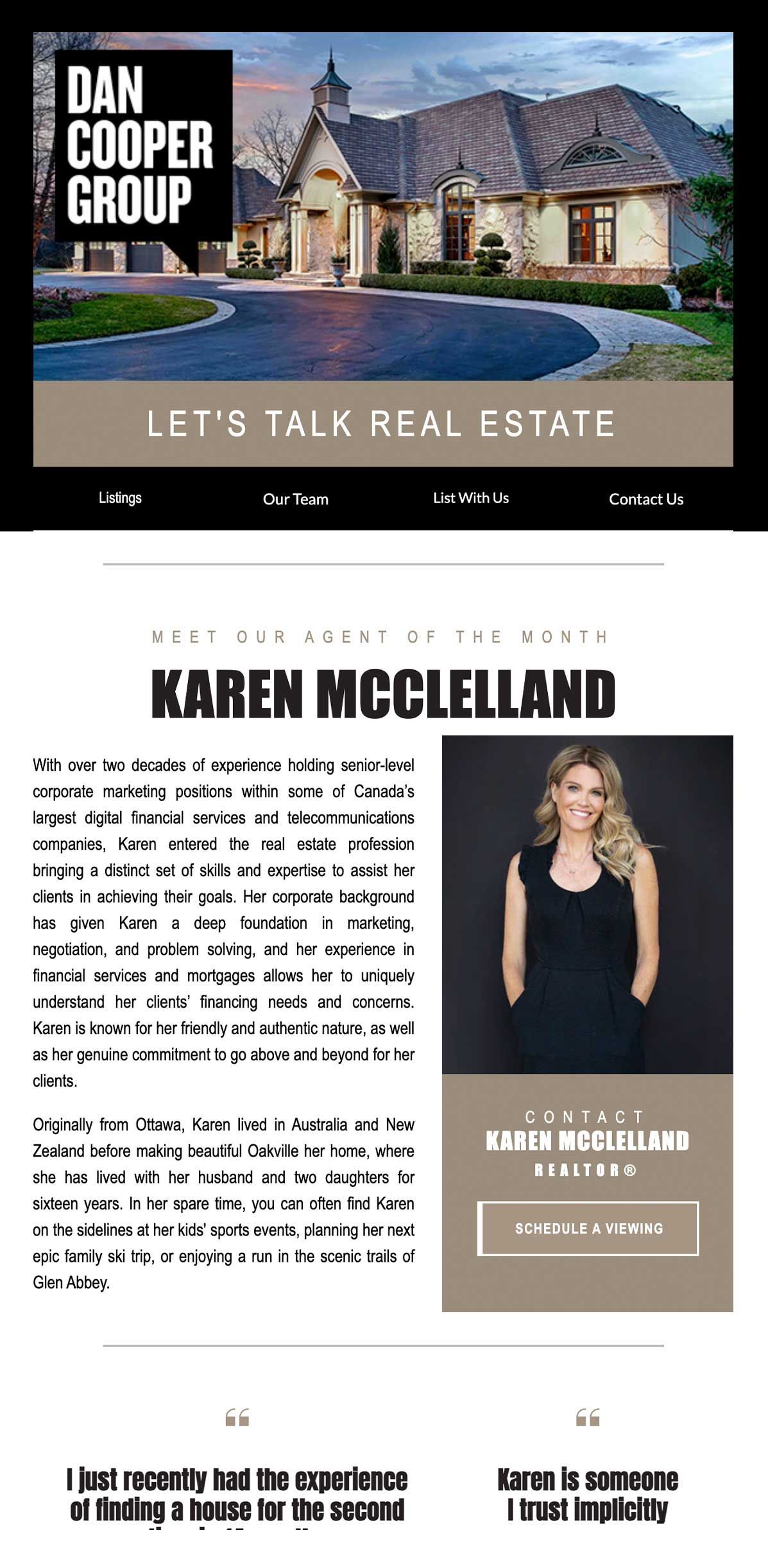 A woman is standing in front of a house on a real estate website.