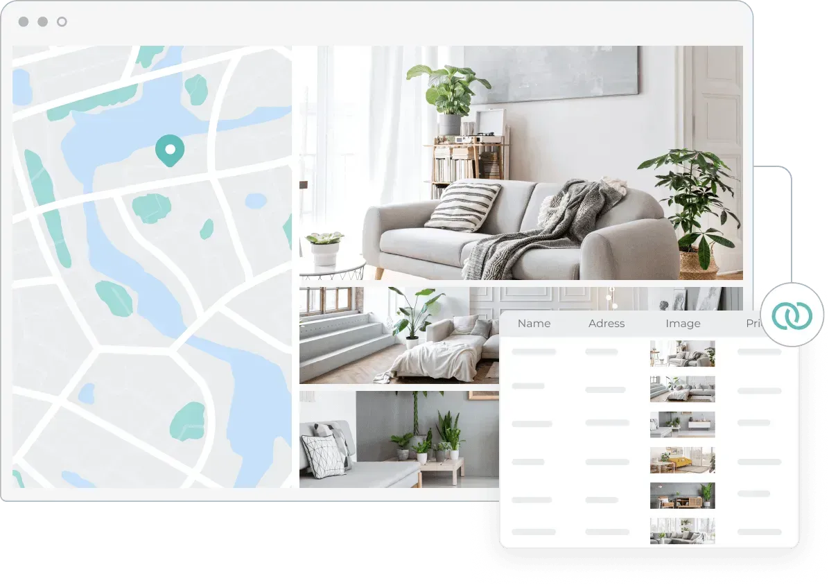 A picture showcasing a dynamically generated page with a map and images of furniture