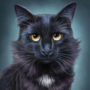 A black cat with yellow eyes is looking at the camera.