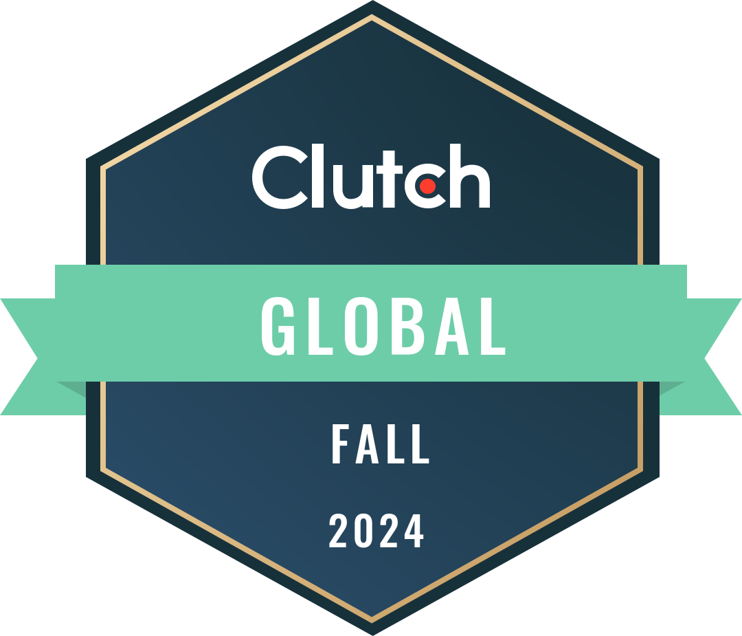 A blue badge with a green ribbon that says clutch global fall 2024.