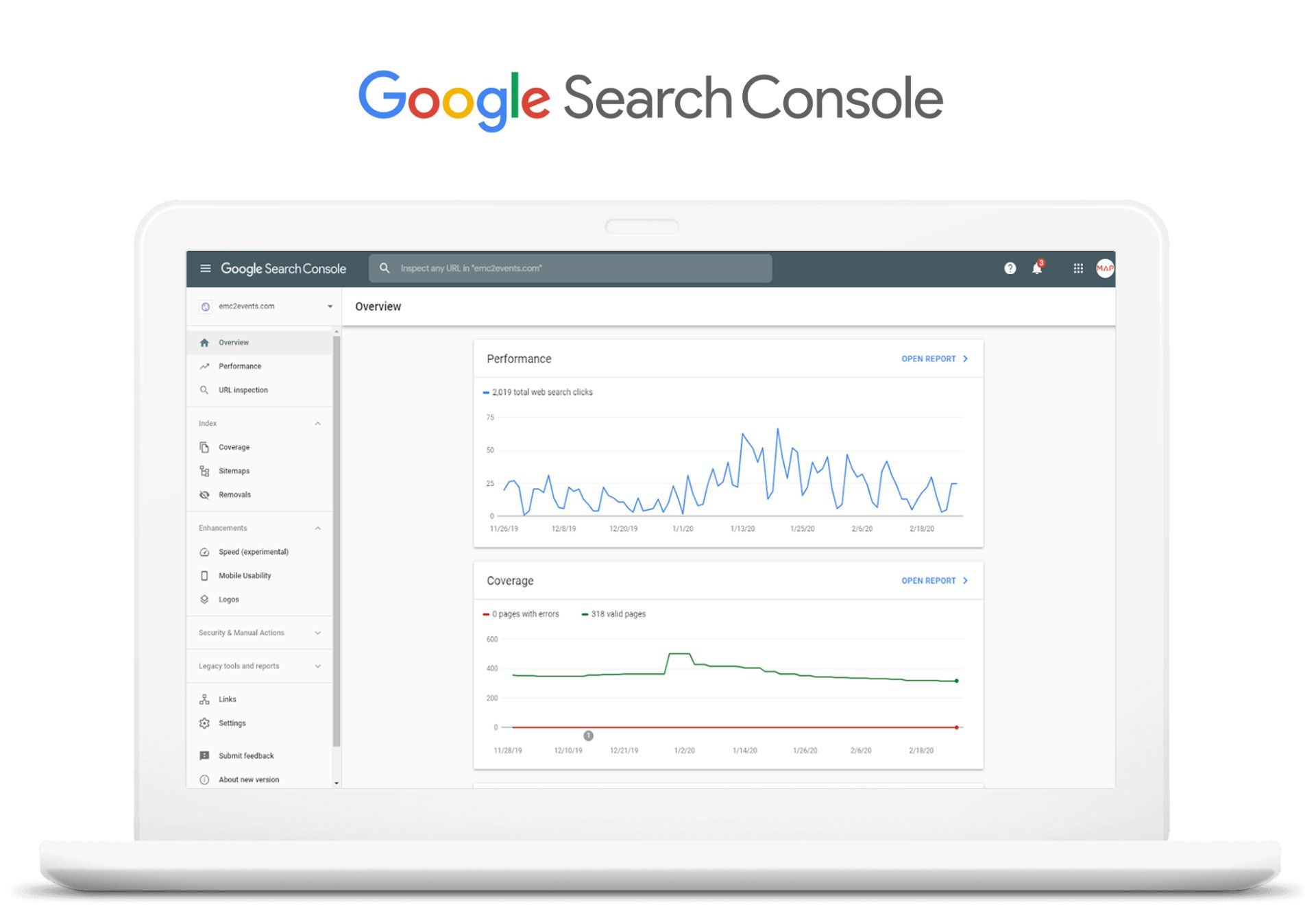 A laptop computer is open to the google search console.