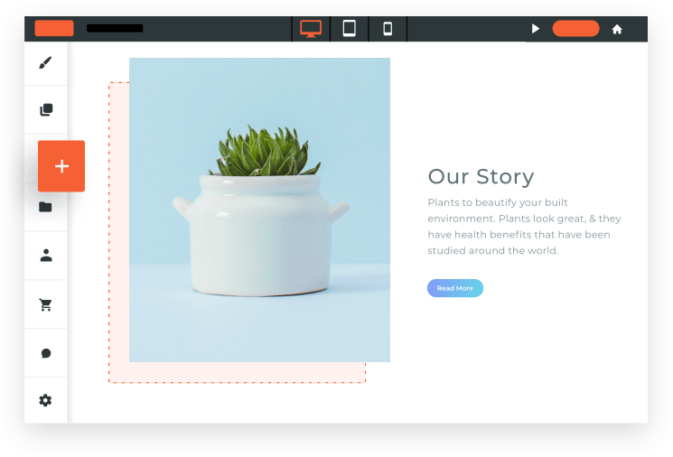 A computer screen shows a picture of a potted plant and the words `` our story ''.