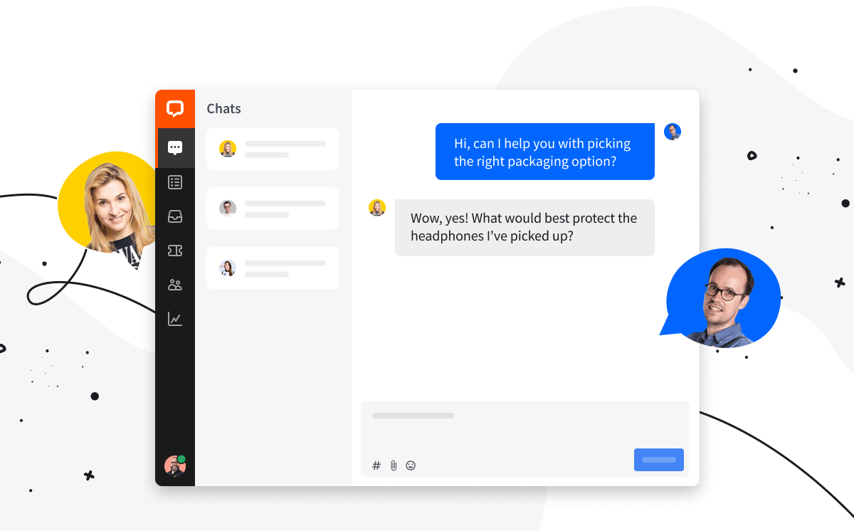 Chat interface with user conversations displayed, featuring profile bubbles and message bubbles.