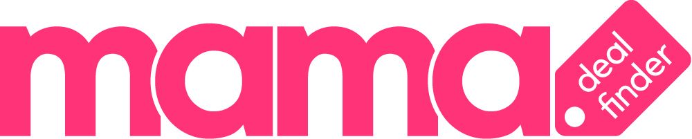 A pink and white logo for mama deal finder