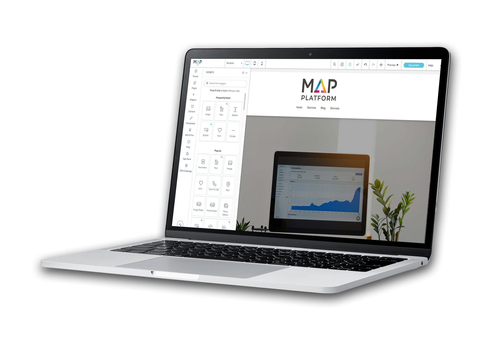Laptop displaying a website interface and another screen with a graph.