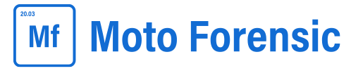 A blue logo for moto forensic on a white background.