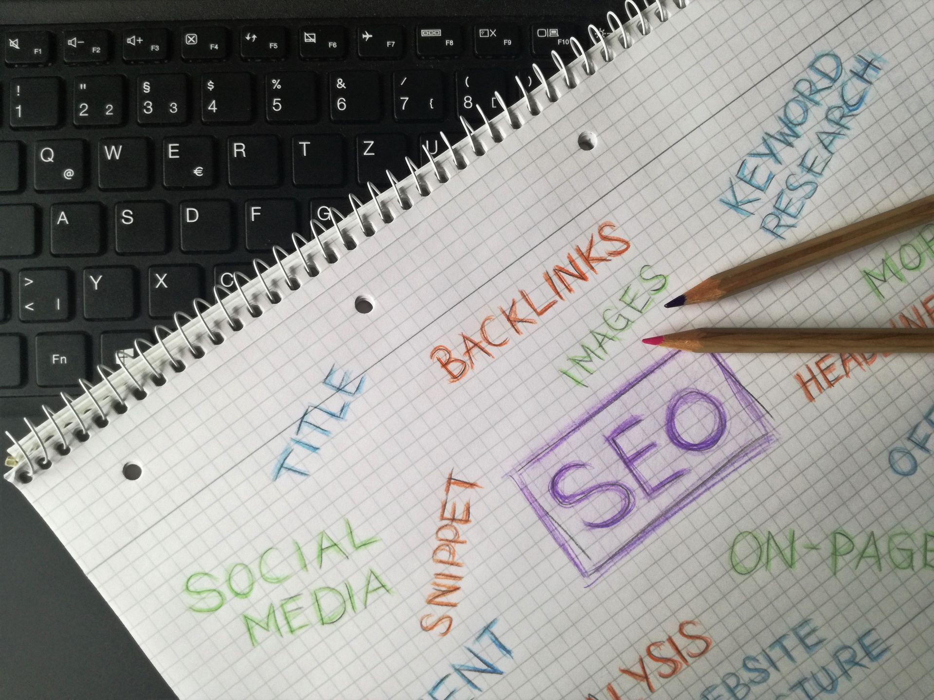 Notebook with colorful SEO marketing notes and arrows beside a keyboard and pencil.