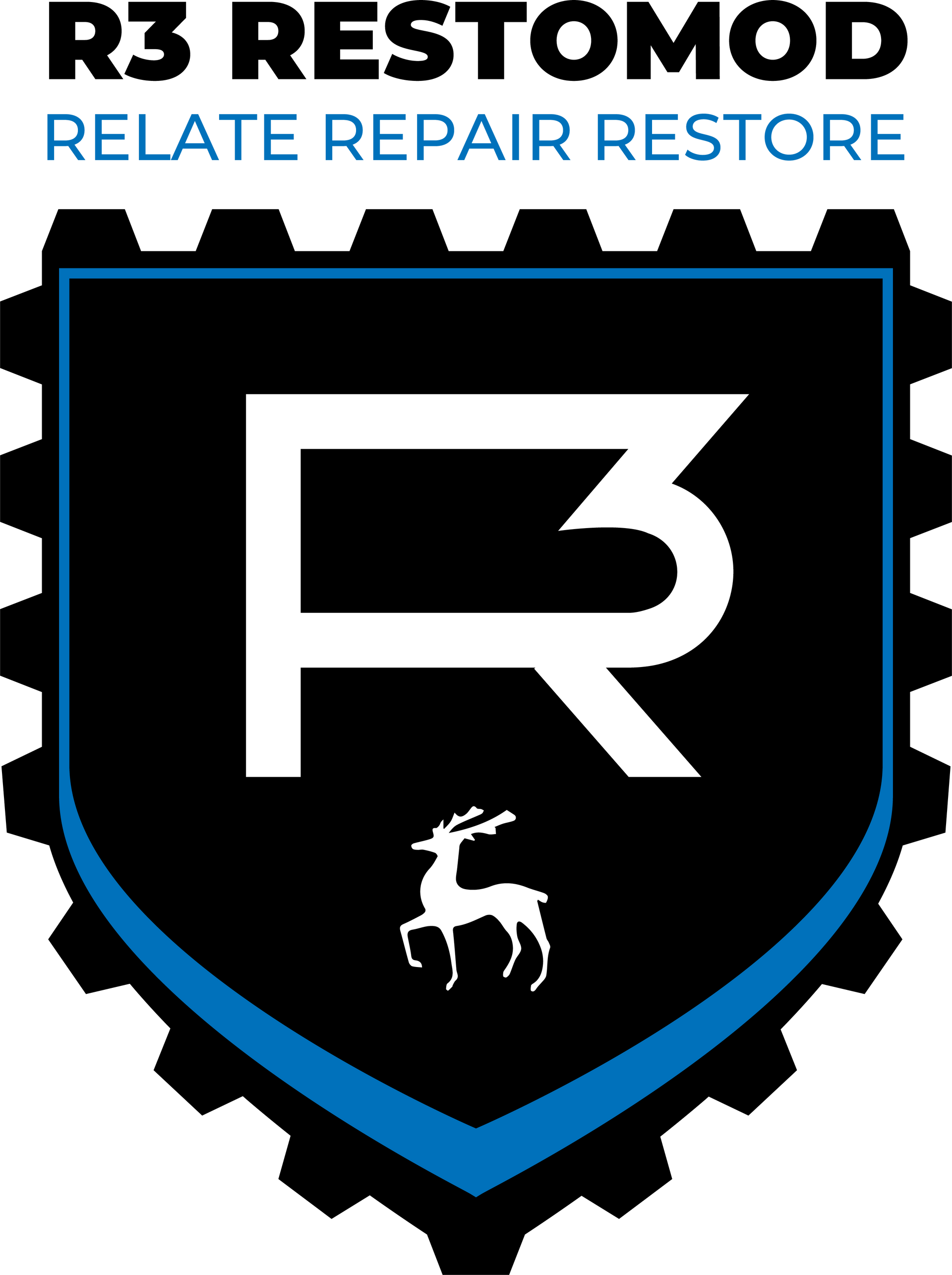 A logo for r3 restomod related repair restore with a deer on it.