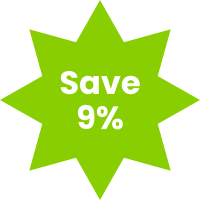 A green star with the words save 9 % on it