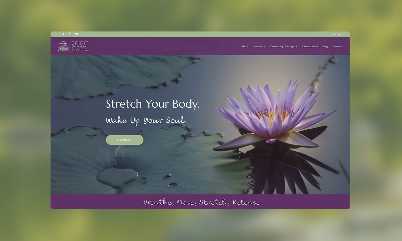 A screenshot of the Spirit in Motion Yoga website with a purple lotus on it