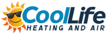 Logo for CoolLife Heating and Air. A smiling sun wearing sunglasses is beside the company name in blue and black.