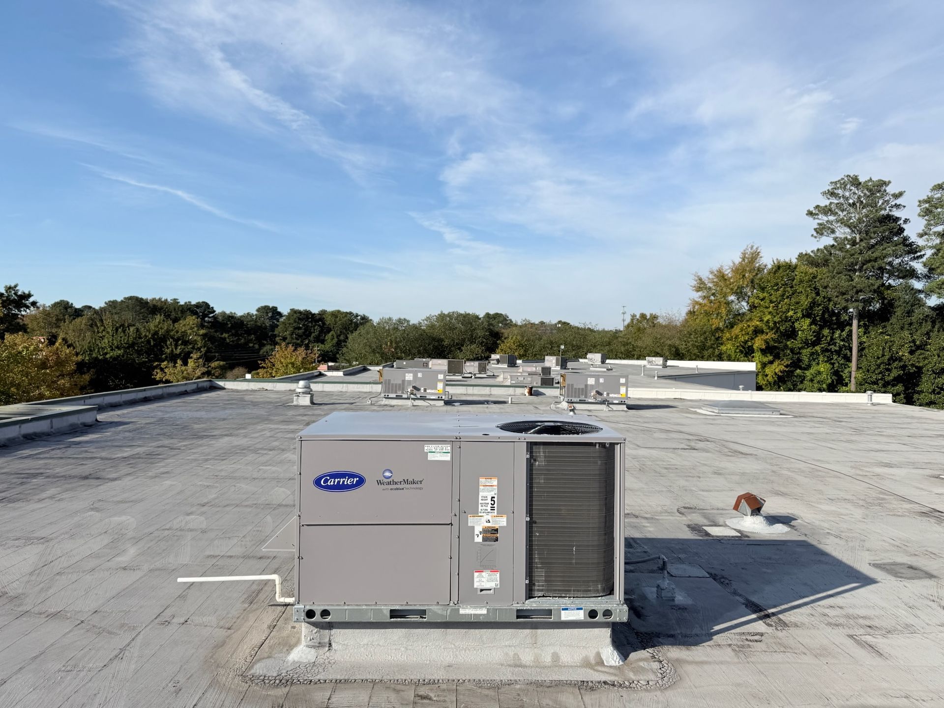 Carrier HVAC unit on a flat roof with other units, trees, and a blue sky.