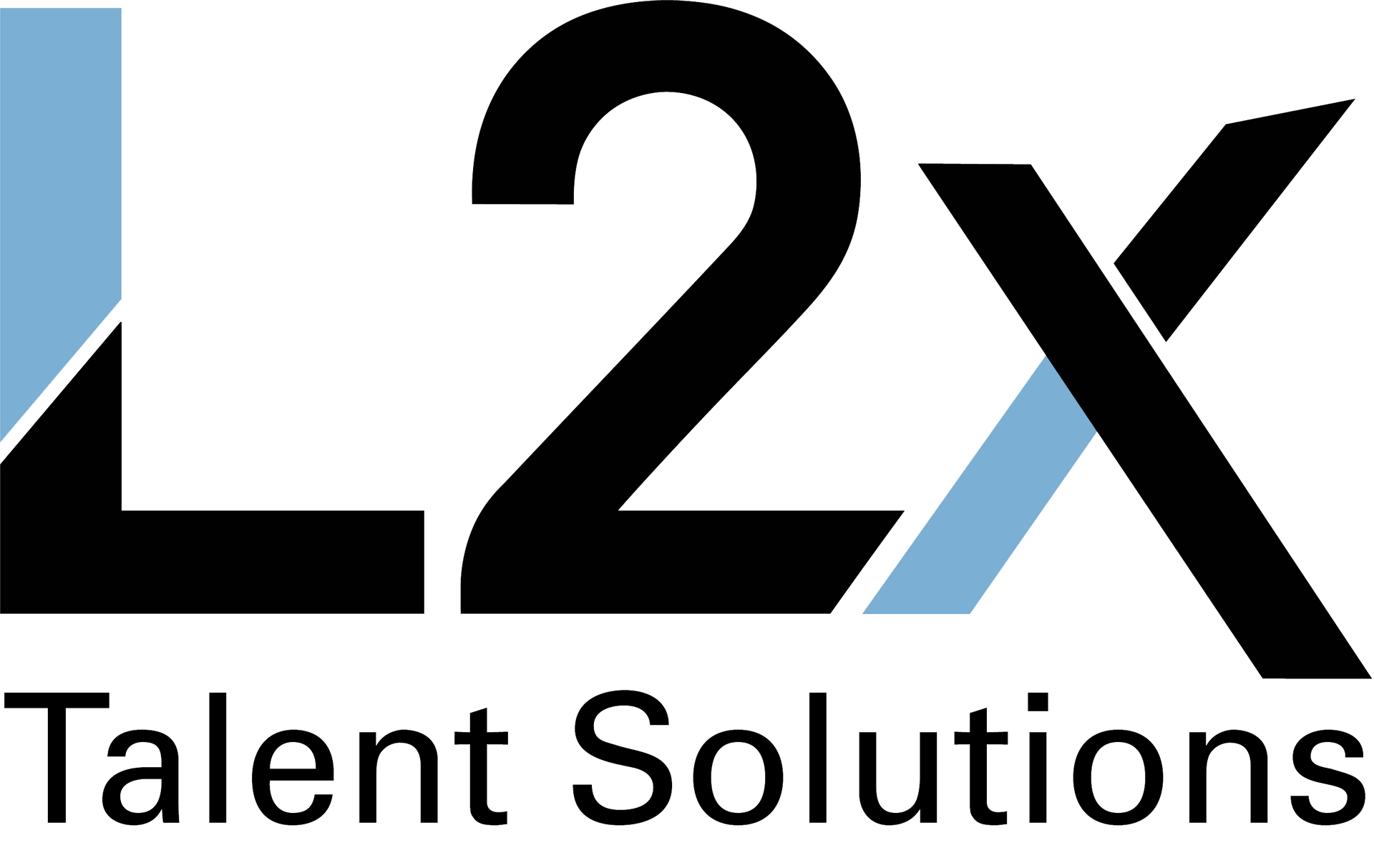 The logo for l2x talent solutions is black and blue.