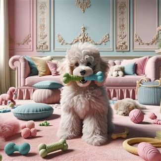 Poodle puppy with teething toys