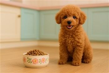 Poodle with food in a pretty bowl