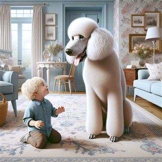 Standard Poodle with child in family setting