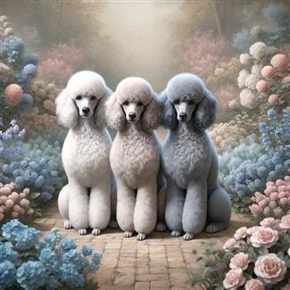 Standard Poodles in flower garden