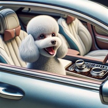 Poodle in a car with window down