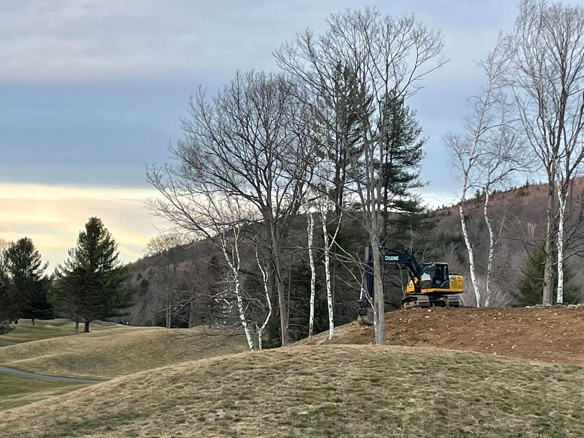 A yellow excavator is sitting on top of a hill next to trees.
