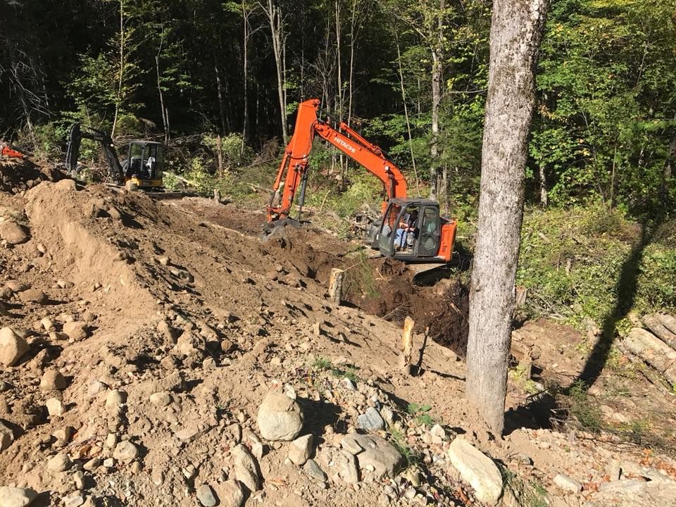 A large orange excavator is digging a hole in the middle of a forest.