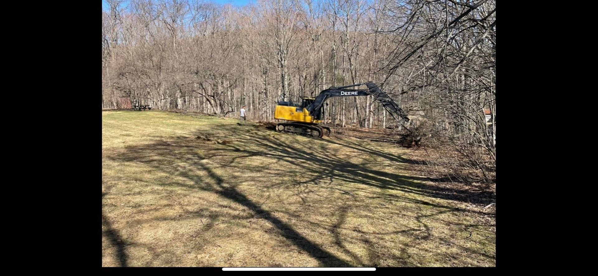 A yellow excavator is cutting down trees in a field.