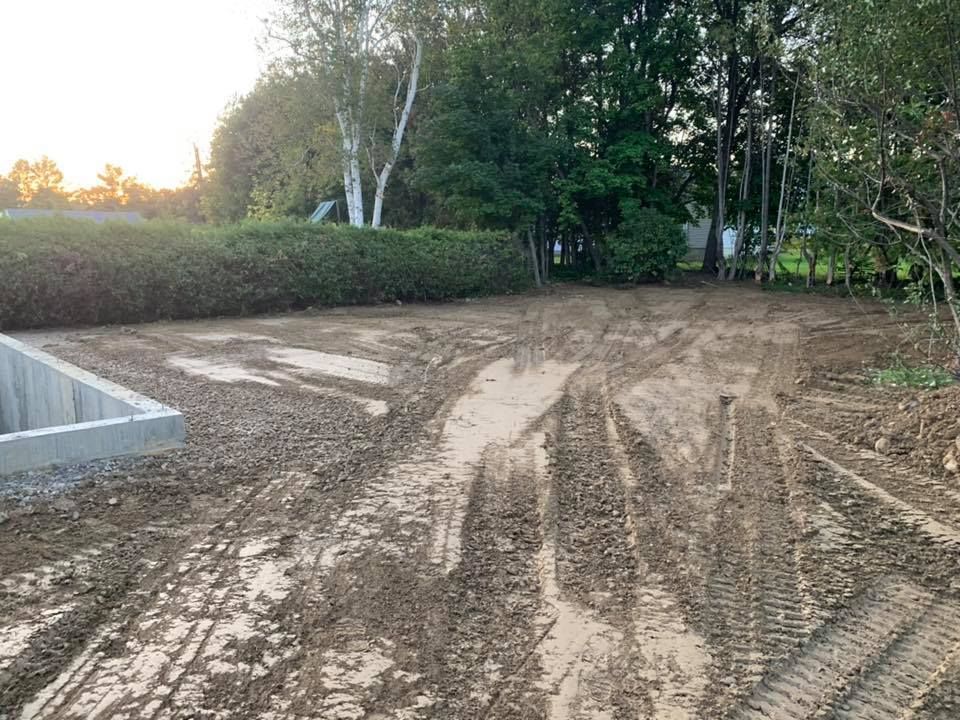 A dirt road leading to a house with trees in the background.