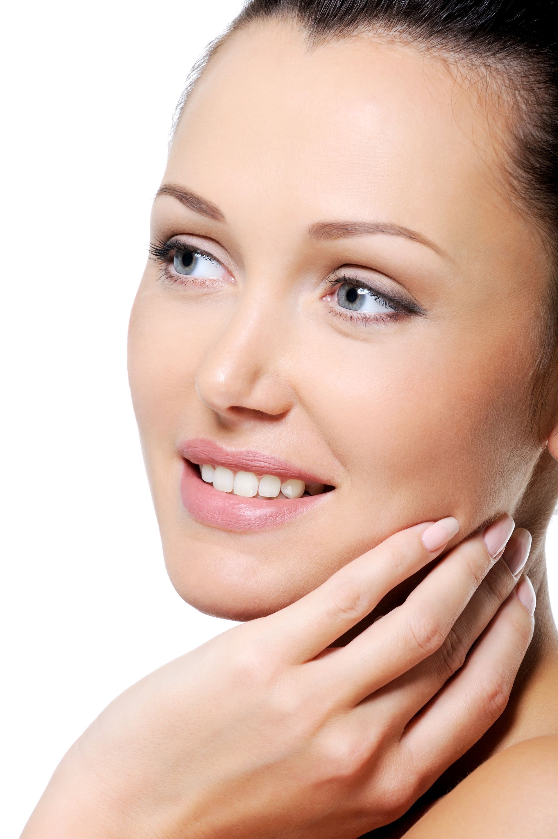 a close up of a woman 's face with her hand on her chin