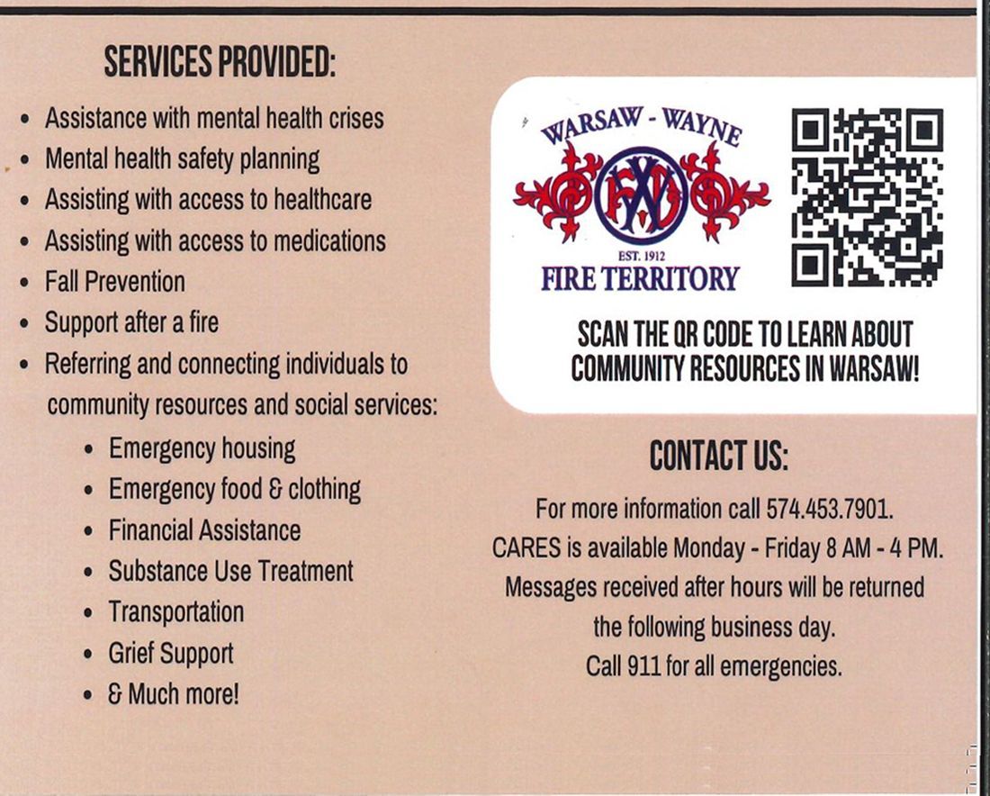 The back of a pamphlet for warsaw wayne fire territory