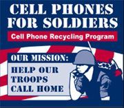 A sign that says `` cell phones for soldiers '' with a picture of a soldier talking on a cell phone.