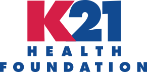The k21 health foundation logo is red and blue