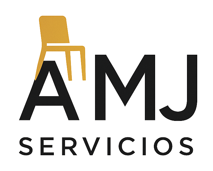 Logotipo: AMJ Servicios con una silla dorada superpuesta a la