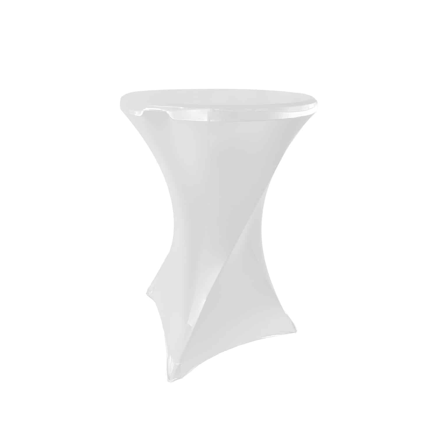 Mesa de cóctel de spandex blanco con base retorcida.